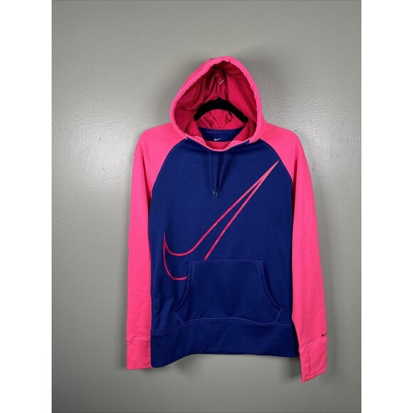 Nike Therma Fit Hoodie Sweatshirt Blue Pink Swoosh  Thumb Holes Women’s Size Med - Picture 1 of 10